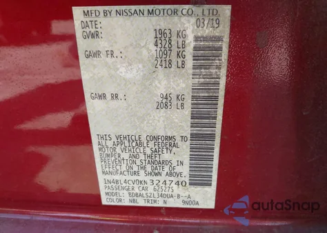 2019 Nissan Altima 2.5 Sr from USA, damaged, VIN 1N4BL4CV0KN324740